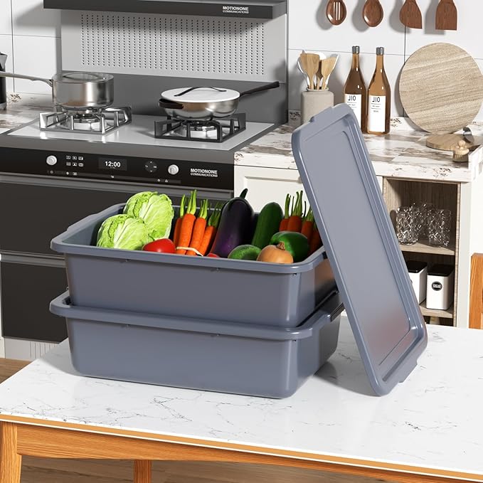 13 L Plastic Commercial Bus Box with Lid 3-Pack Restaurant Bus Bins Grey