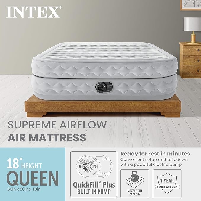 Intex 64489ED Dura Beam Supreme Air Flow Inflatable Velvetaire Soft Airbed Mattress w/Built in Pump &amp Portable Storage Case Queen