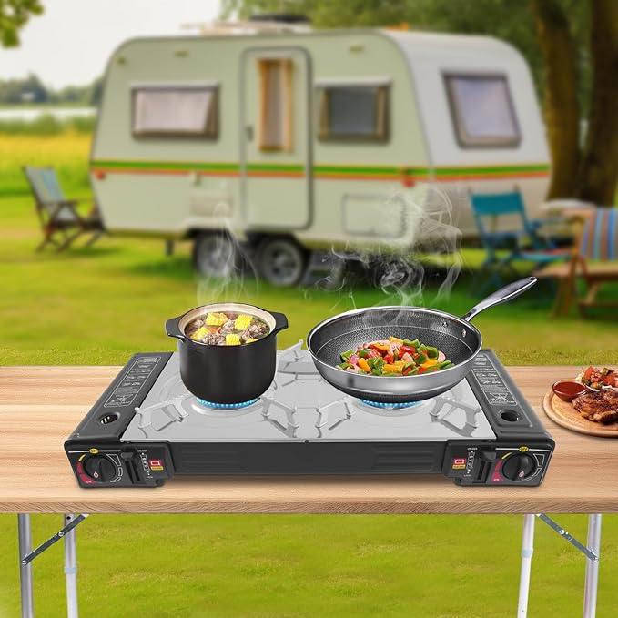 2 Burner Butane Stove Butane Camping Stove with Grill Tray and Carrying Case Portable Camping Stove Outdoor Travel Gas Stove for Camping Home BBQ