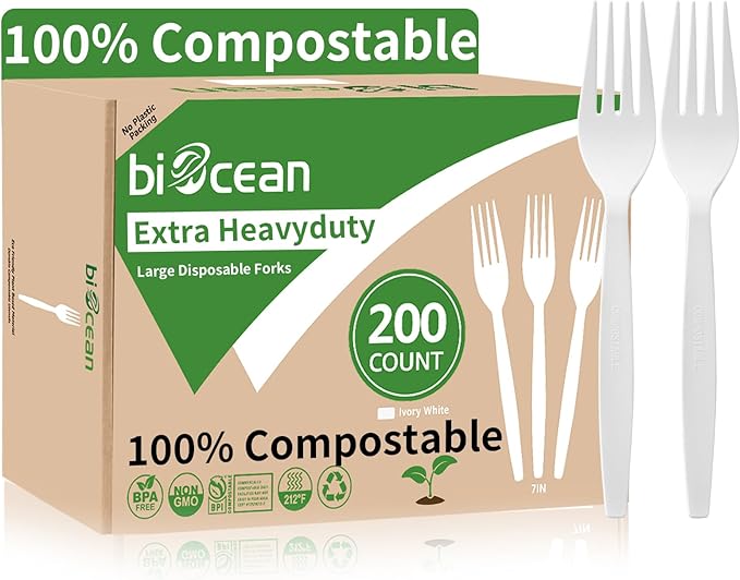 Extra Heavyduty Compostable Forks [200 Count7In] Disposable Cutlery No Plastic Forks Large Biodegradable Utensils Eco Friendly Silverware Serving Flatware for PartyDaily UseBBQPicnic