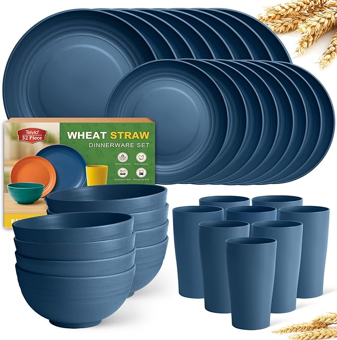 Teivio 32-Piece Kitchen Plastic Wheat Straw Dinnerware Set Service for 8 Dinner Plates Dessert Plate Cereal Bowls Cups Unbreakable Colorful Plastic Outdoor Camping Dishes Autumn Blue