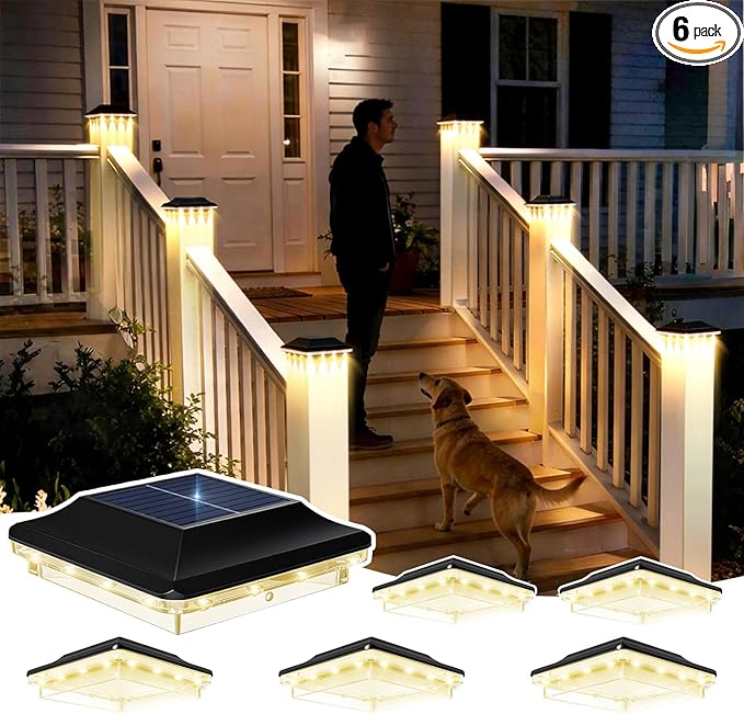 4x4 Solar Post Cap Lights Outdoor Black Deck Post Light Solar Powered for 3.5x3.5 Vinyl/Wooden Post Waterproof 3 Modes(Warm/Cool Light) Solar Fence Light for Garden Patio Porch 6pack