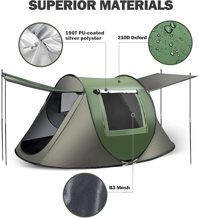 Instant Pop Up Tent Automatic Easy Setup Outdoor Waterproof Windproof Family Tent Upgraded 2 Doors Vestibule Sun Shelter for 2-3 People Outdoor CampingTravellingHiking BeachGreen