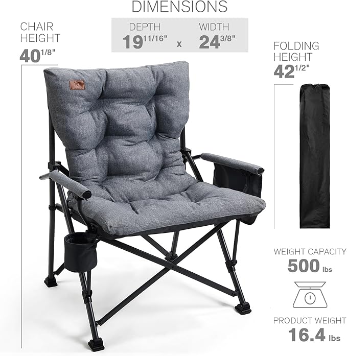 EVER ADVANCED Padded Oversized Folding Camping Chair for Adults Heavy Duty Lawn Chair with Side Pockets Portable Collapsible Quad Chair for Outside Support Up to 500lbs Grey