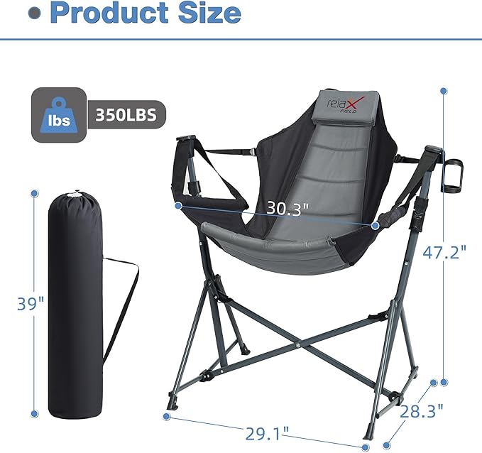 Hammock Camping Chair 3 Heights Swinging Chair with Adjustable Backrest Folding Rocking Chair with Head Pillow&ampCup Holder Outdoor Chairs for Camping and Hiking Supports 350lbs Black