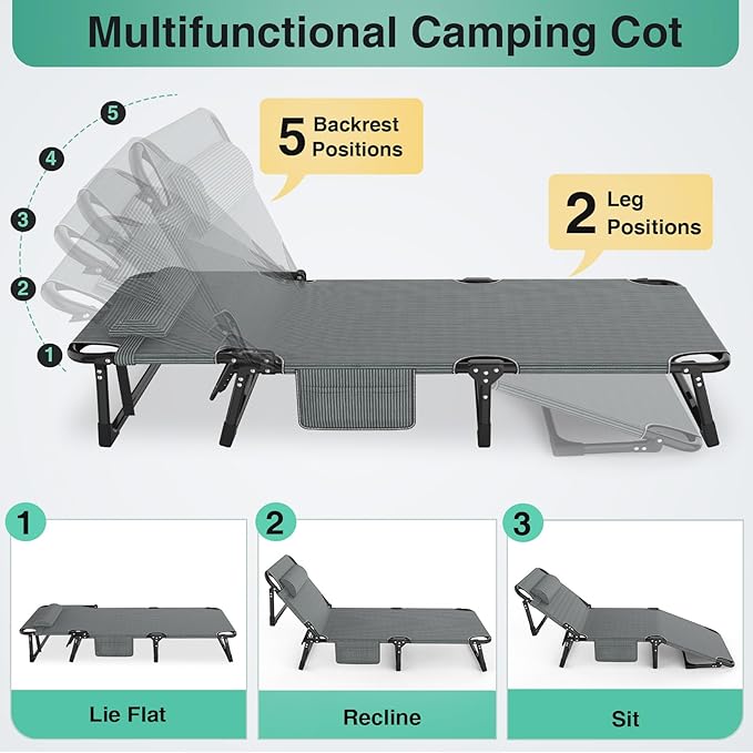 Suteck Folding Camping Cot Adjustable 5+2 Positions Reclining Portable Outdoor Cot Heavy Duty Sleeping Bed Cots w/Pillow Mat Carry Bag Chaise Lounge Chair for Home Office Nap Beach Pool Patio Travel