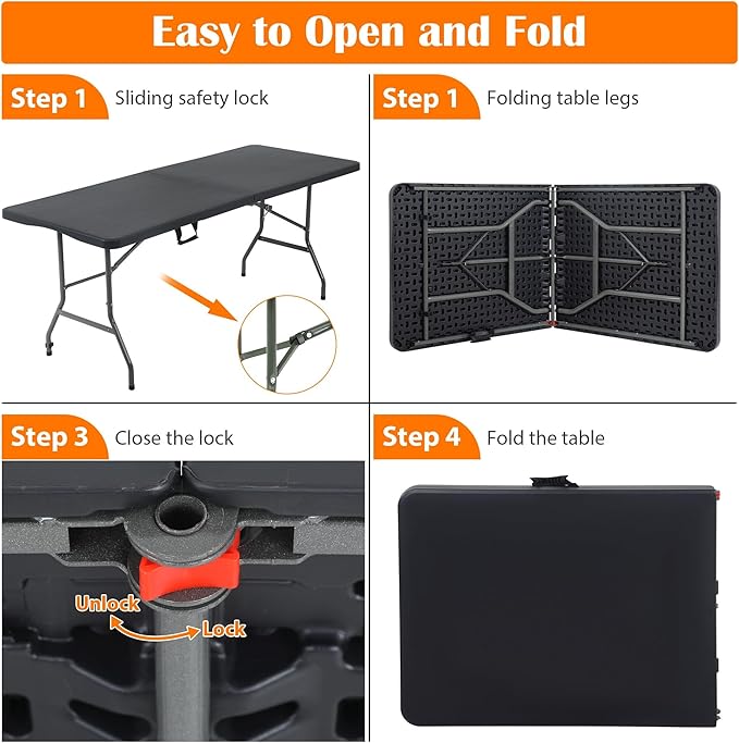 6 Ft White Folding Table Portable Table Camping Table Outdoor Collapsible Dinner Table Outdoor Tables for Patio Yard Wedding Party Cocktail Display