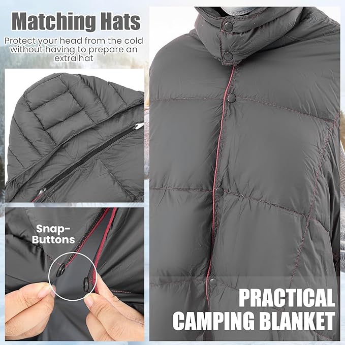 Upgraded Hooded Down Camping Blanket Waterproof 650 Fill Puffy Poncho Blanket 77 x 50 Packable Wearable Sleeping Bag with Detachable Hat Outdoor Stadium Camping 1.36 lb(Grey)