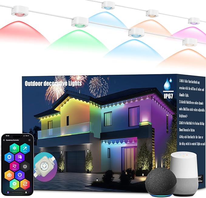 Permanent Outdoor Lights 100ft RGB+IC with 72 Smart AI Eave Lights with Remote APP Control DIY LED Color Individual Christmas Outdoor Light Party Compatible with Alexa Google Assistant