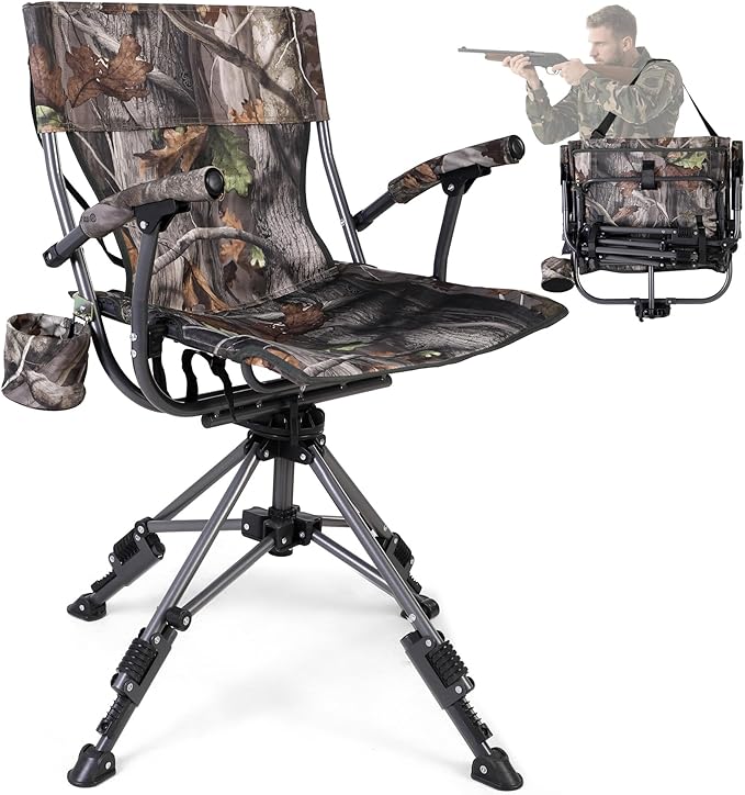 REDCAMP 360° Swivel Hunting Chair with Adjustable Feet for Ground Blinds Portable Folding Camo Camping Chairs for Adults Hunting Seats with Hard Arms for Fishing Camping