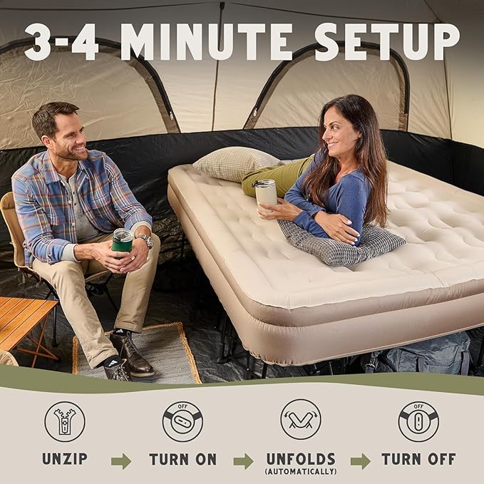 Queen Air Mattress with Frame Self Inflating/Deflating Blow Up Bed for Adults - PeakRest Camping Cot with Mattress - Portable Queen Size with Travel Rolling Case on Wheels