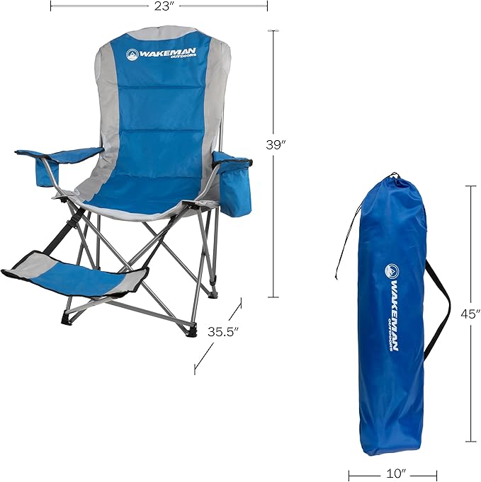 Camping Chair with Foot Rest - 300lb Capacity Beach Chair with Footrest Cupholder and Cooler Pouch - Portable Chair by Wakeman Outdoors (Blue)