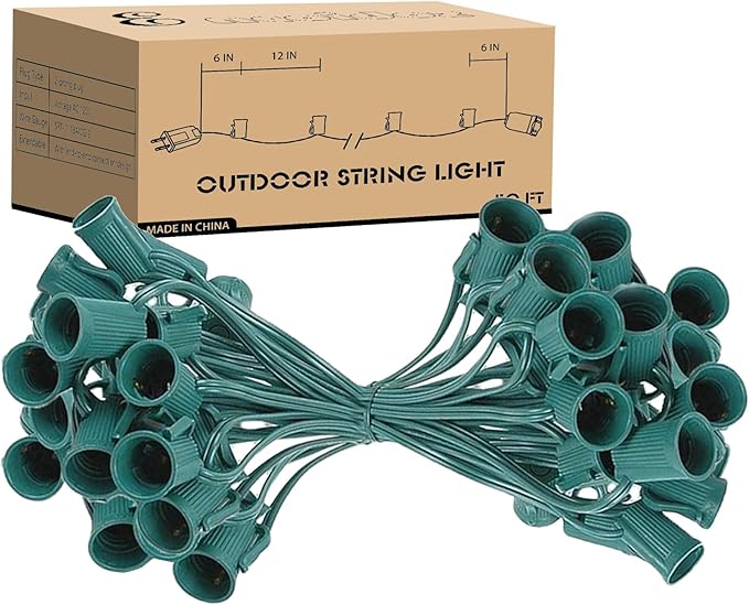 50FT C9 Light String Christmas Stringer E17 Light Sockets 12 Spacing C9 Stringer Set Green Outdoor String Lights Strand for Wedding Patio Event Lighting Decor Green Wire