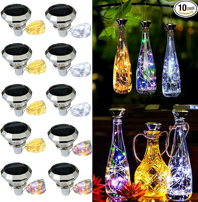 Starry Love Solar Diamond Wine Bottle Lights 10 Pack 20LED Outdoor Waterproof Multicolor Fairy Light String (3 Colors) Suitable for Most Wine Bottle Mouths for Garden Terrace Party Decoration