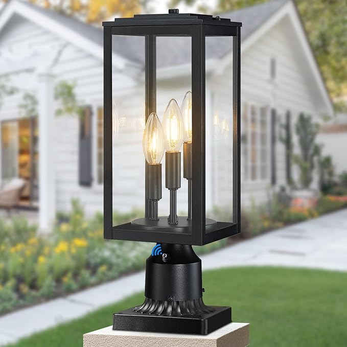 16.6'' Dusk to Dawn Post Light Outdoor Large 3-Light Lamp Post Light Fixture Modern Pillar Outside Lighting Waterproof Post Lantern Pole Lights for Porch 1 Pack (Not Include Mounting Base)