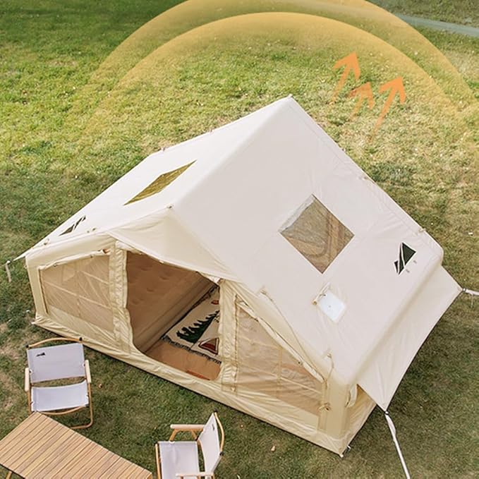 Large Luxury Inflatable Camping Tent Cotton Canvas Tent Breathable and Waterproof Air Tent with Skylight and Stove Jack Hole for for 4-6-8-10 Person Family Camping