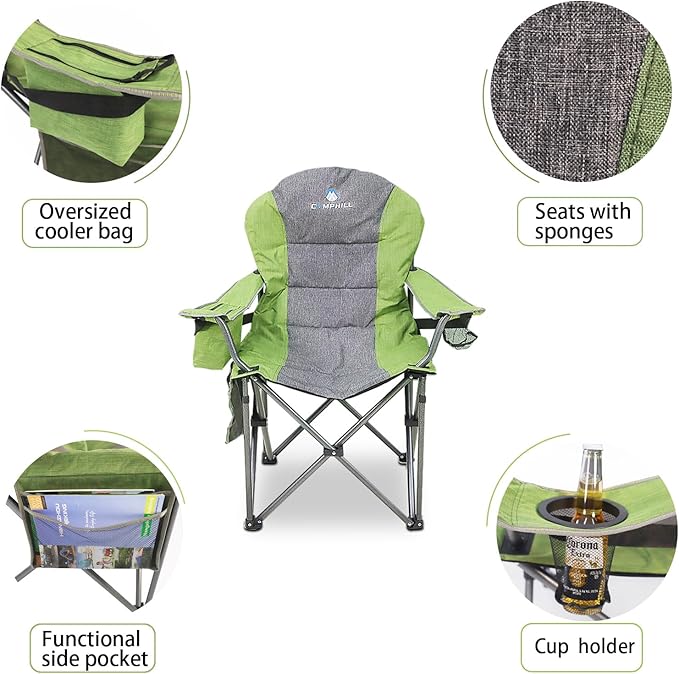 Northroad Oversized Portable Camping Chair Full Padded Outdoor Folding Chair Support 350 LBS Heavy Duty Lawn Chair with Cup Holder Cooler Bag Lumbar Support Head Pocket for Adult (Green)
