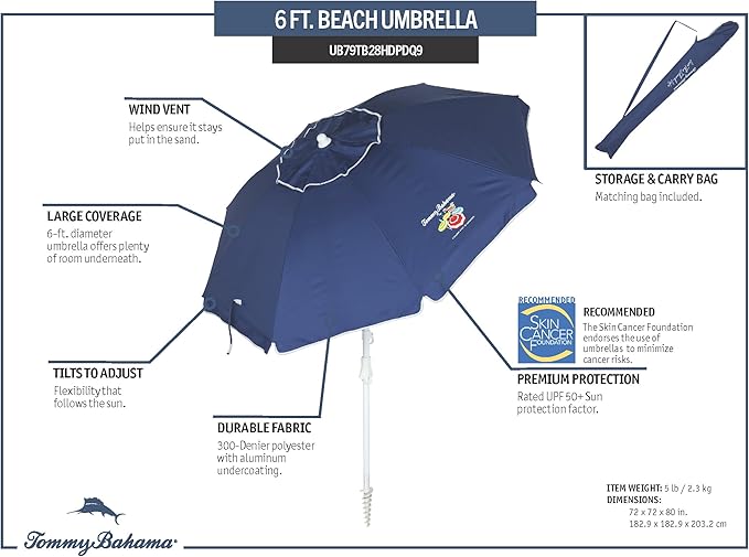 Tommy Bahama 6' UPF 50+ Tilt Beach Umbrella with Integrated Sand Anchor Wind Vent and Carry Bag