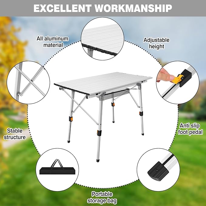 Portable Camping Table with Adjustable Height Legs and Lightweight Aluminum Roll Up for Outdoor Activities Beach Fishing Garden BBQ.