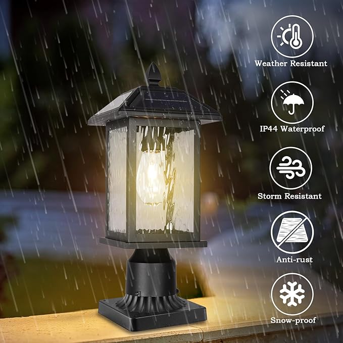 Solar Outdoor Post Light FixtureDusk to Dawn Modern Exterior Pillar Lantern with Black Finish &amp Water Ripple GlassWaterproof Outside Pole Light for Garden Backyard Courtyard