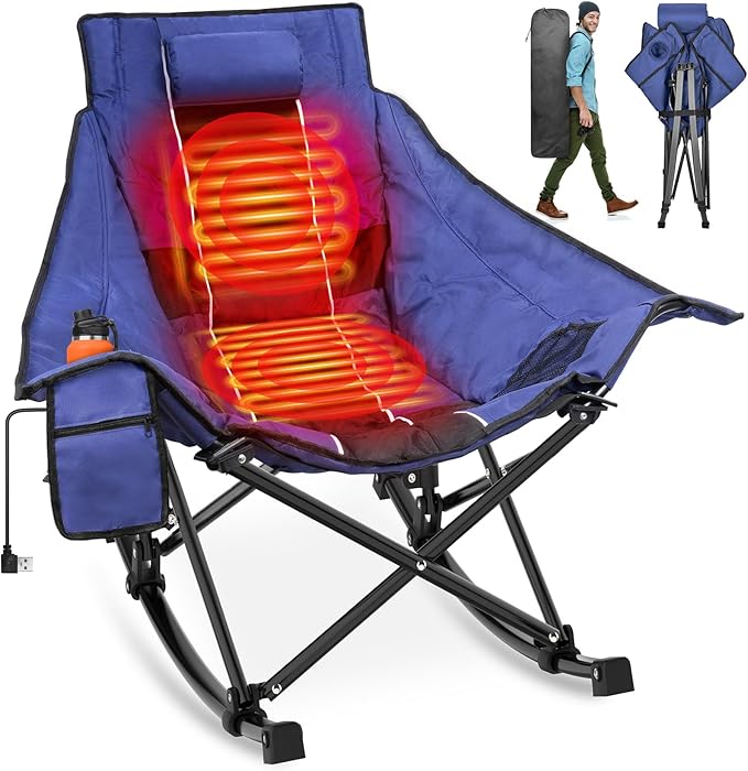 Suteck Heated Rocking Camping Chair Fully Thicker Padded Heated Camping Chairs for Outdoor Sports W/3 Heat Levels for Back &amp Seat Heated Rocking Chair for Adults with Carry Bag Battery NOT Incl