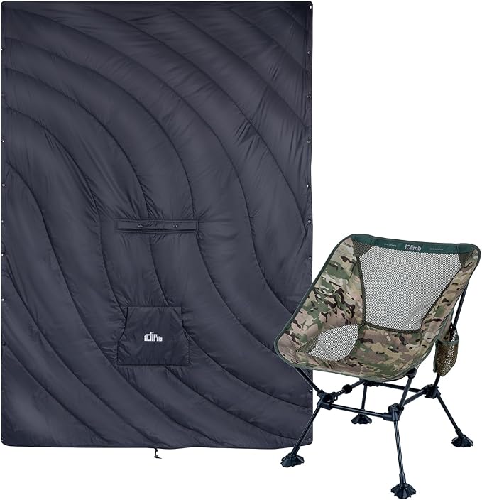 iClimb 1 Hooded 3M Thinsulate Insulation Warm Blanket and 1 Anti-Sinking Large Feet Chair Bundle Ultralight Compact for Adults Outdoor Backpacking Hiking Camping Beach Concert Sports