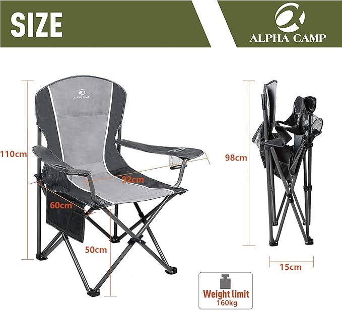 ALPHA CAMP Oversized Camping Folding Chair - Heavy Duty Steel Frame Support 350 LBS Collapsible Padded Arm With Cup Holder Quad Lumbar Back Portable for Outdoor/Indoor
