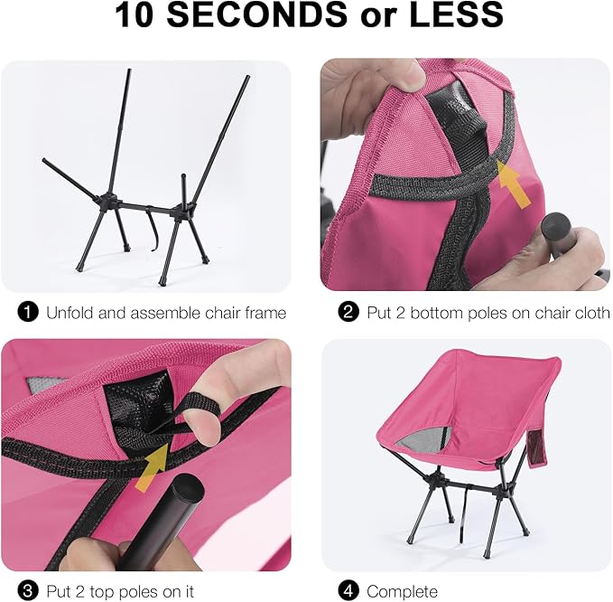 Lightweight Camping Chair with Carry Bag Portable Backpacking Chair with Side Pocket for Adults Women Folding Hiking Hunting Chairs for Lawn Fishing Beach Outdoor Travel Pink