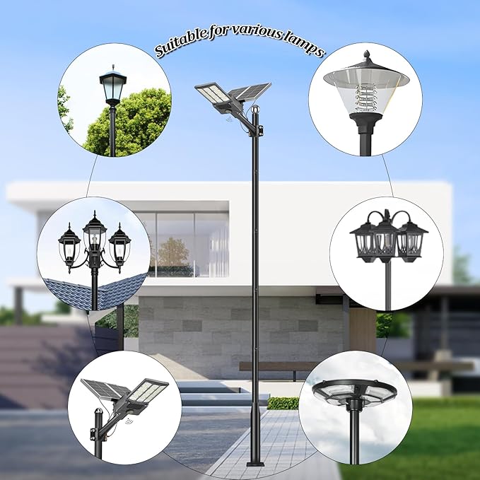 Street Light Pole 20Ft - Black Outdoor Adjustable Metal Solar Street Lamp PostSuitable for Street Courtyard Porch Exterior Patio Flag Lighting Fixtureswith Mounting Rebar Cage Base Accessory
