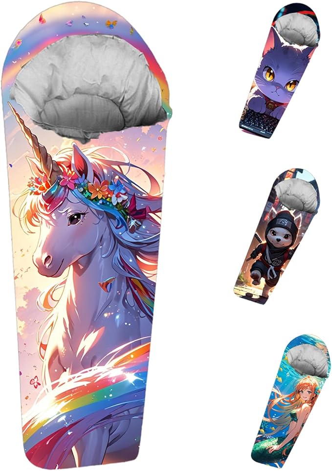 Mummy Style 32 – 59F Kids Sleeping Bag with Pillow Sleeve Full Scale Digital Printing Unicorn Mermaid Kitty or Puppy Lightweight Ideal for Camping Sleepover Boys Girls Youth and Toddlers