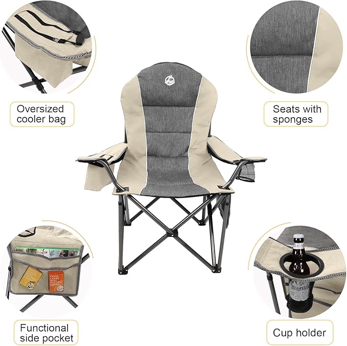 Northroad Oversized Portable Camping Chair Full Padded Outdoor Folding Chair Support 350 LBS Heavy Duty Lawn Chair with Cup Holder Cooler Bag Lumbar Support Head Pocket for Adult-Beige