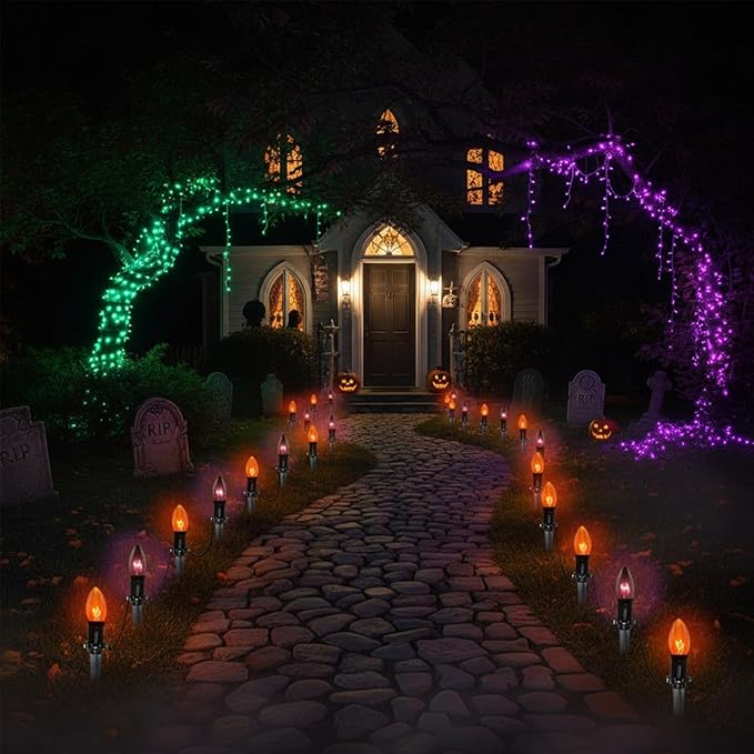 Halloween Pathway Lights Outdoor10 Pack Halloween Party Decor Stake Lights with C9 Clear Black&ampOrange Bulbs19.5Ft Extendable Waterproof Walkway Lights for Yard Porch Lawn Garden