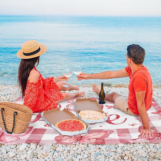 Waterproof Sandproof Beach Blanket 59''×68'' Love Butterfly Polyester Outdoor Picnic Blanket with 4 Stakes &amp Storage Bag for BeachCampingVacation Banana Red
