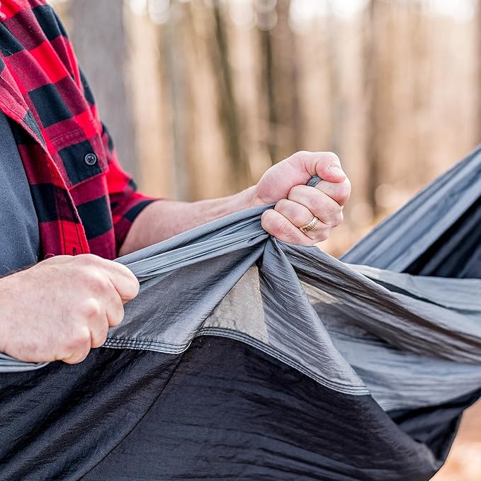 ELK Single Hammock with Tree Straps - Lightweight Parachute Nylon for Outdoor Adventures (Black/Gray Single)