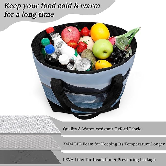 Insulated Shopping BagLarge Reusable Cooler Bags Whale Tail Printed Foldable Shopping BagTravel Waterproof Shoulder Bag