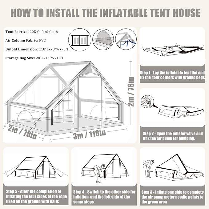 Inflatable Tents for Camping Blow Up Tent with Hand Pump for 2-6 Person Easy Setup 4 Seasons Waterproof Windproof Outdoor Oxford Cabin Tent House with Mesh Windows &amp Doors for Friend Family Trav