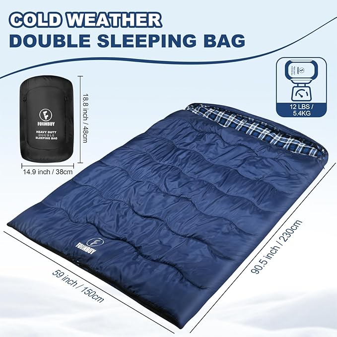 0 Degree Flannel Double Sleeping Bag for Adults Couples or Family - Winter Queen Size Waterproof &amp Warm 2-Person Sleeping Bag for Cold Weather Camping RV Travel
