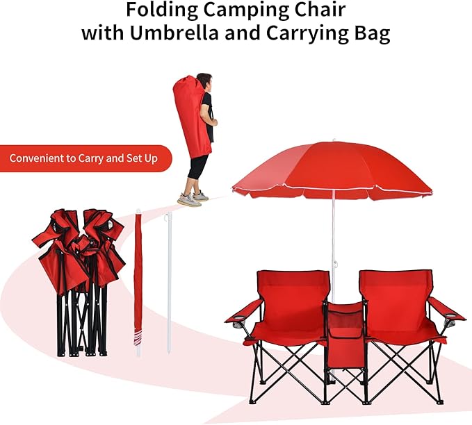 Goplus Double Camping Chair with Umbrella Folding Loveseat Chairs w/Canopy Shade Carrying Bag Table Cup Holder Portable Beach Chairs Outdoor Picnic Patio (Red)