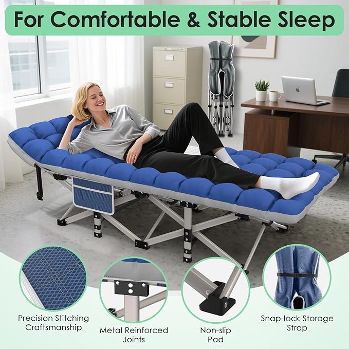 Suteck Camping Cot Folding Camping Cot Bed for Adults Sleeping 1200D Double Layer Oxford Portable Folding Outdoor Cots for Camping W/Soft Pad Carry Bag for Home Office Nap Beach Travel 500LBSBlue