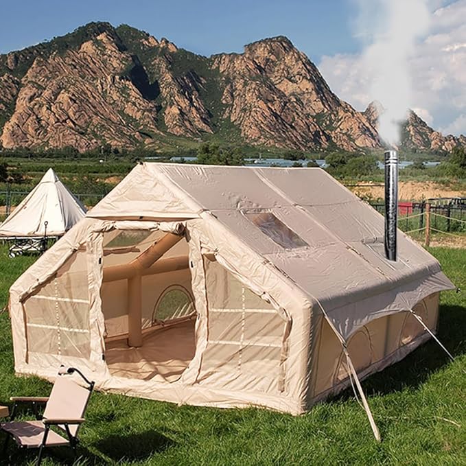 Large Luxury Inflatable Camping Tent Cotton Canvas Tent Breathable and Waterproof Air Tent with Skylight and Stove Jack Hole for for 4-6-8-10 Person Family Camping