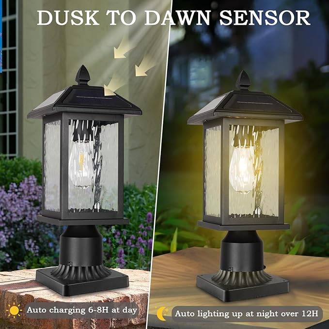 Solar Outdoor Post Light FixtureDusk to Dawn Modern Exterior Pillar Lantern with Black Finish &amp Water Ripple GlassWaterproof Outside Pole Light for Garden Backyard Courtyard