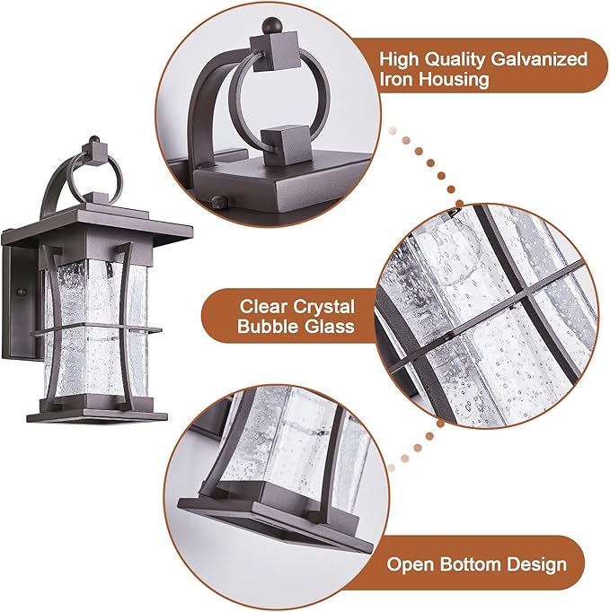 Oil Rubbed Bronze Outdoor Light Sconces Wall Mount Matte Brown Outdoor Wall Lamp Large Exterior Porch Wall Lantern with Seeded Glass 15 Outside Lights for House Front Door Patio Backyard