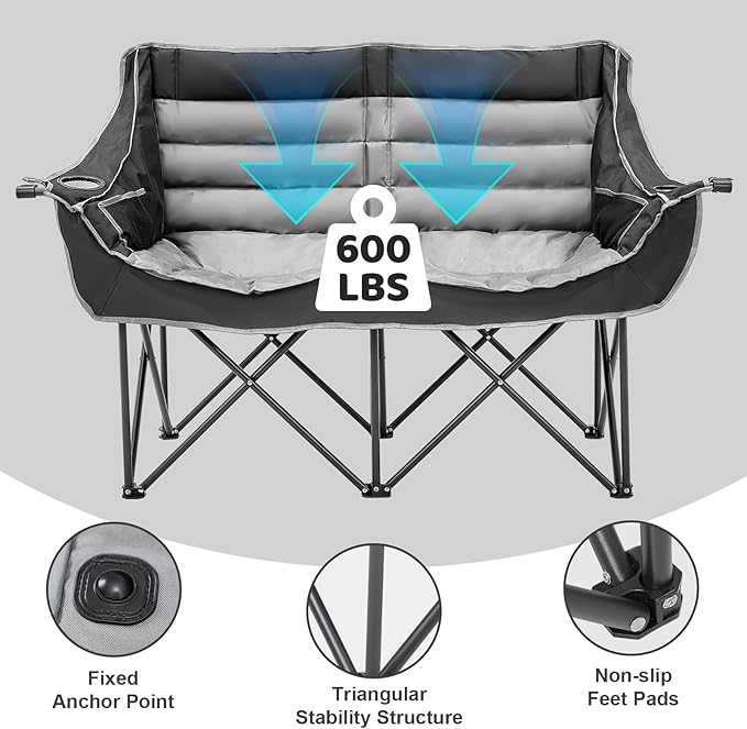 Double Camping Chair for Adults 2 Person Loveseat Camping Chair with Cup &amp Wine Glass Holder Portable Padded Double Folding Chair for Outdoor Camp Lawn Picnic Sports Support 500LBS (BLACK+GREY)