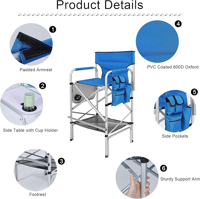 ABCCANOPY Folding Tall Directors Chair Outdoor Camping Chair Makeup Artist Chair with Side Table &amp Pockets Royal Blue