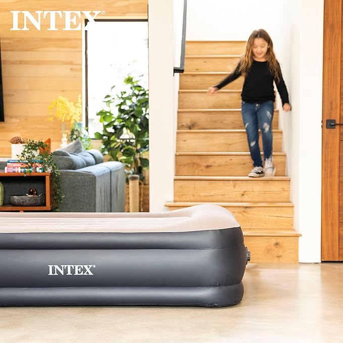 Intex 64131ED Dura-Beam Plus Deluxe Pillow: Fiber-Tech – Twin Size – Built-in Electric Pump – 16.5in Bed Height – 300lb Weight Capacity