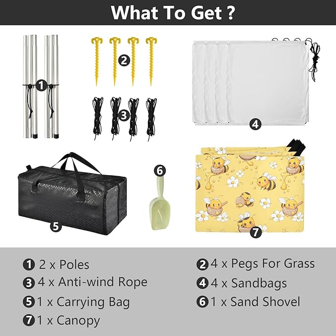 ALAZA Cute Bee Flower Beach Tent Sun Shelter UPF50+ Protection Beach Shade Canopy w/ 4 Sandbags for Outdoor Camping Fishing Backyard Fun Picnic 10x9 ft