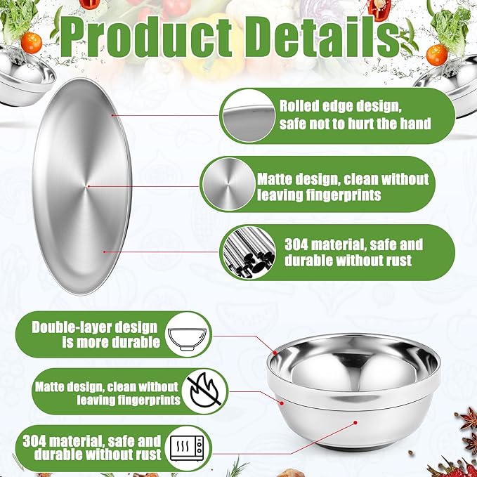 Sunnyray 304 Stainless Steel Plates and Bowls Metal Camping Plates Reusable 13 oz Steel Snack Bowls Dinner Dishes Double Walled Insulated Metal Dinnerware(6 Sets8 x 8 Inch)
