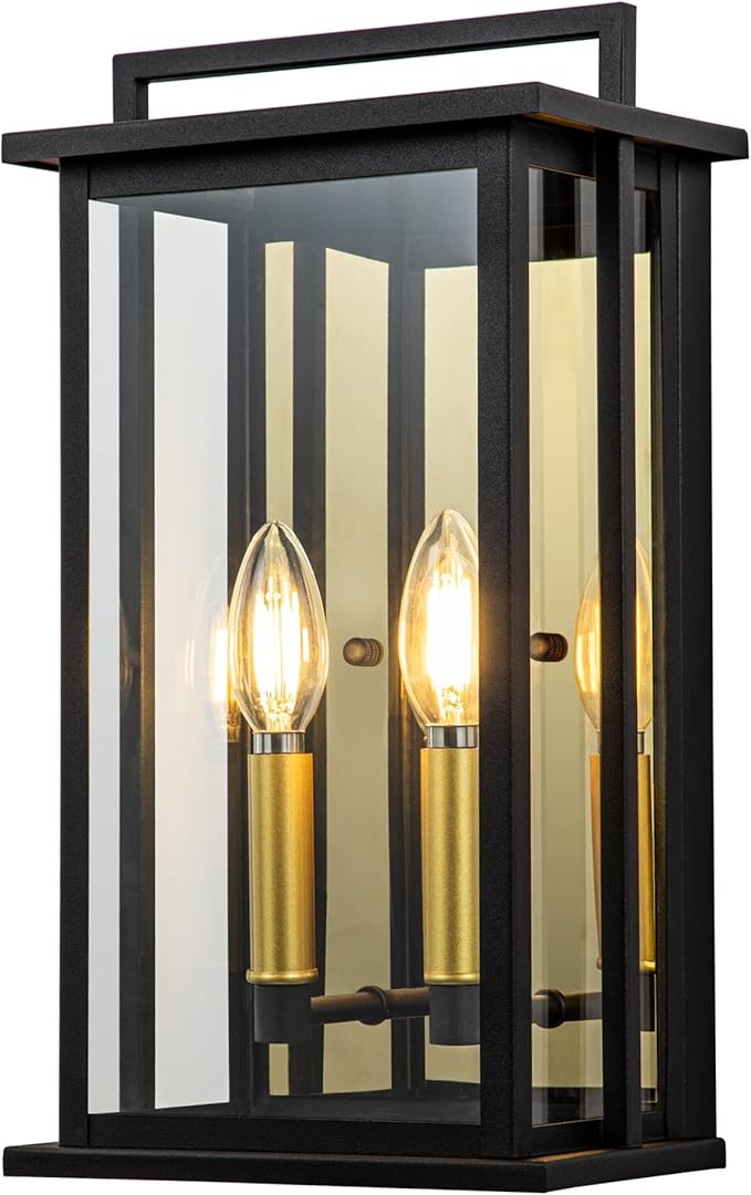 Outdoor Wall Lights with Clear Glass Black Exterior Porch Lights Wall Mount Outdoor Wall Sconce with Gold Candelabra Interior Wall Lantern Patio Light Fixture for House Entryway Garage