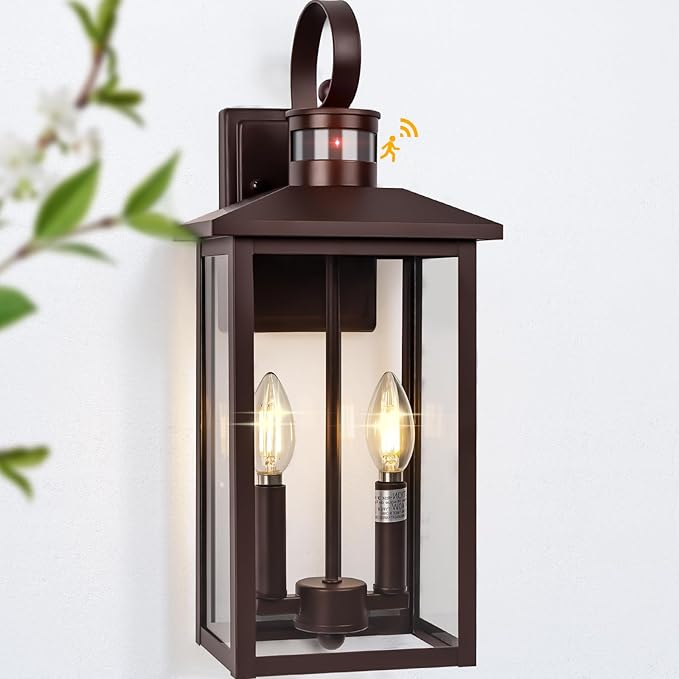 Large Exterior Sconce Motion Sensor 18 Bronze Dusk to Dawn Exterior Light 2-Light Brown Outdoor Light Fixture Aluminum Outdoor Dusk to Dawn Light with E12 Socket for Porch House Door Garage