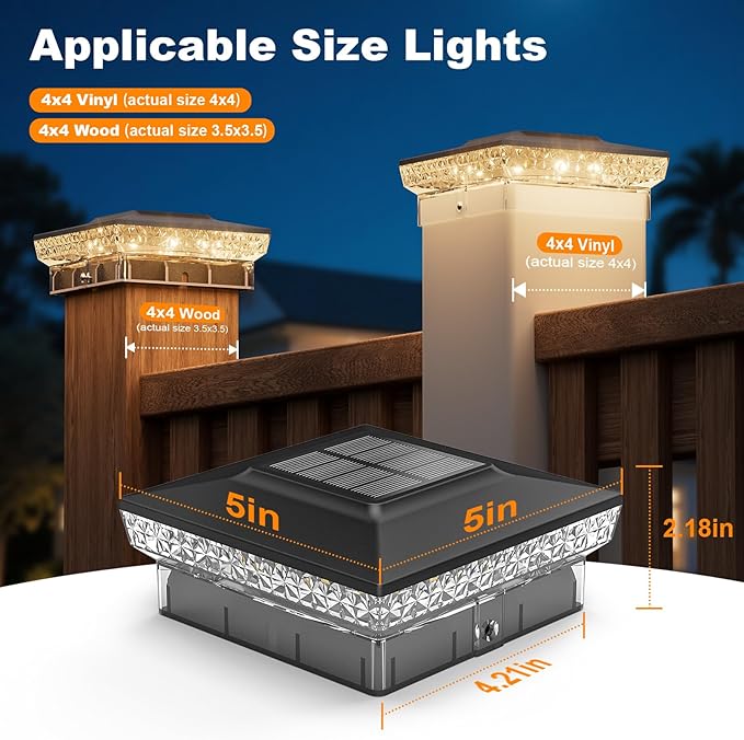 APONUO Solar Post Cap Lights for 4x4 Wood &ampVinyl Posts 3 Light Modes &amp 800mAh Battery IP65 Waterproof Rugged Unibody Solar Outdoor Lights for Fence Deck &amp Patio (Black 6 Pack)